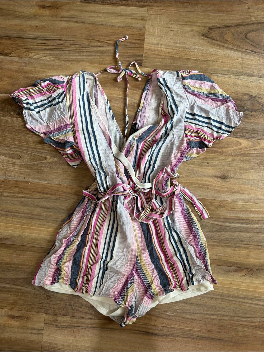 Trixxi Multicolor Striped Romper — Pink, Navy, Yellow